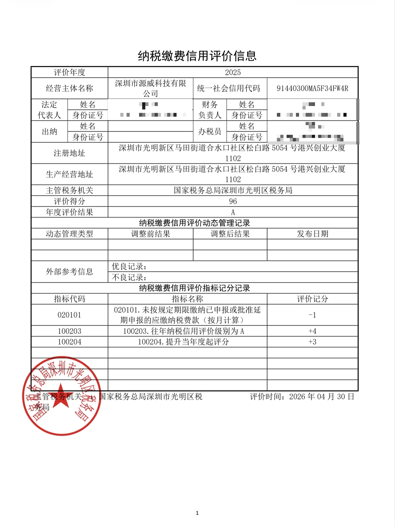 深圳市源威科技有限公司 2025 年度納稅繳費信用評價資訊,評價結果 A 級