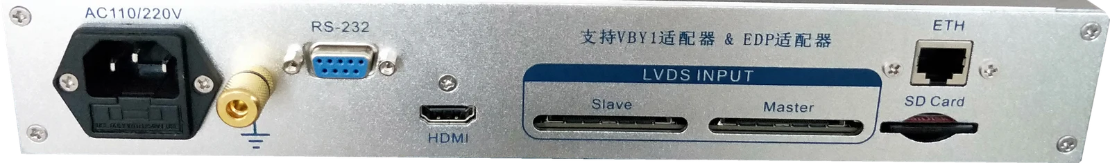VLA-804 後面板：AC 電源、RS-232、HDMI、LVDS INPUT（Master/Slave）、SD 卡、千兆網口